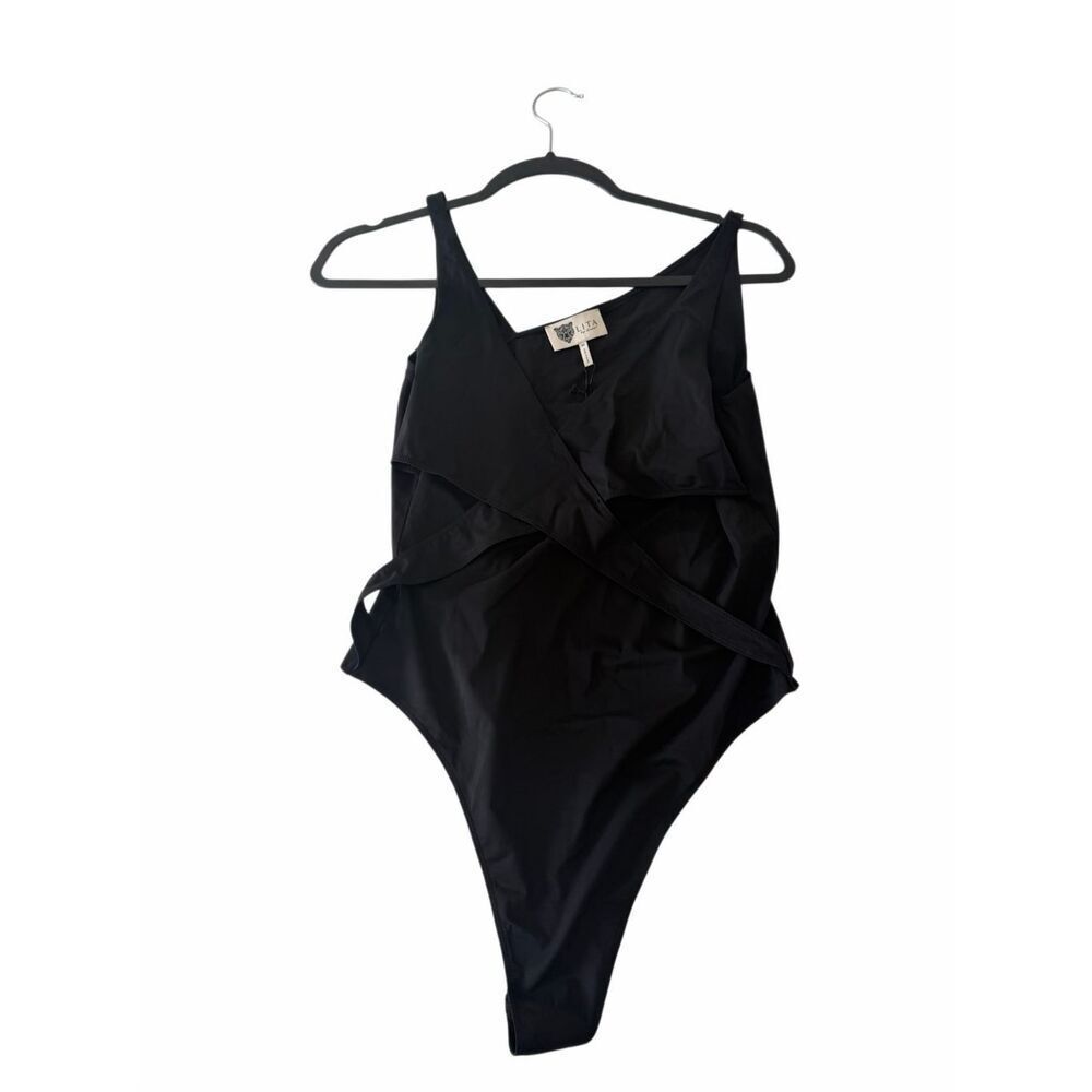 NWT LITA by Ciara Black Criss Cross Overlay Sleeveless Bodysuit Asym Back Sz M